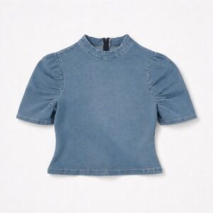 Blue Denim Puff Short Sleeve Mock Neck Top US L Light Back Zip‎ Western Cowgirl